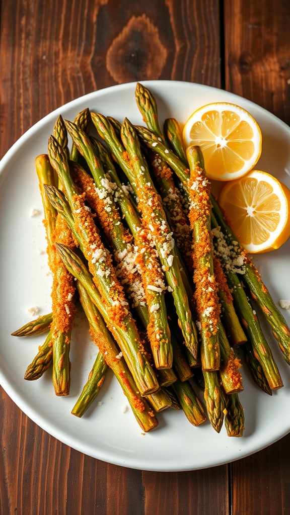 Crispy baked asparagus sprengeri with lemon wedges on a rustic table.